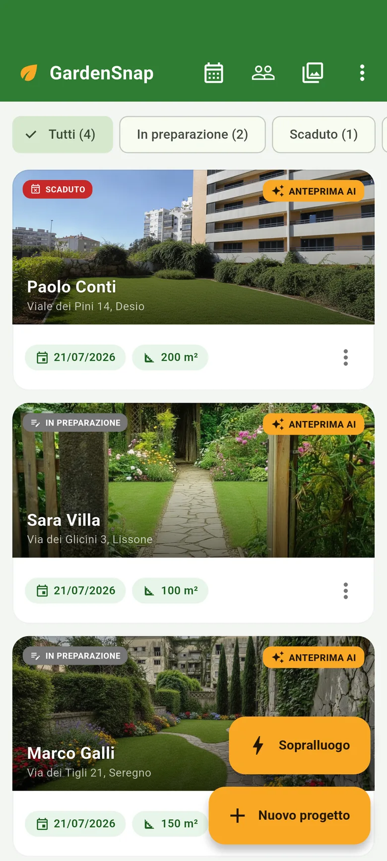 Home di Garden Snap: elenco dei progetti con foto, stato, anteprima AI e metri quadri