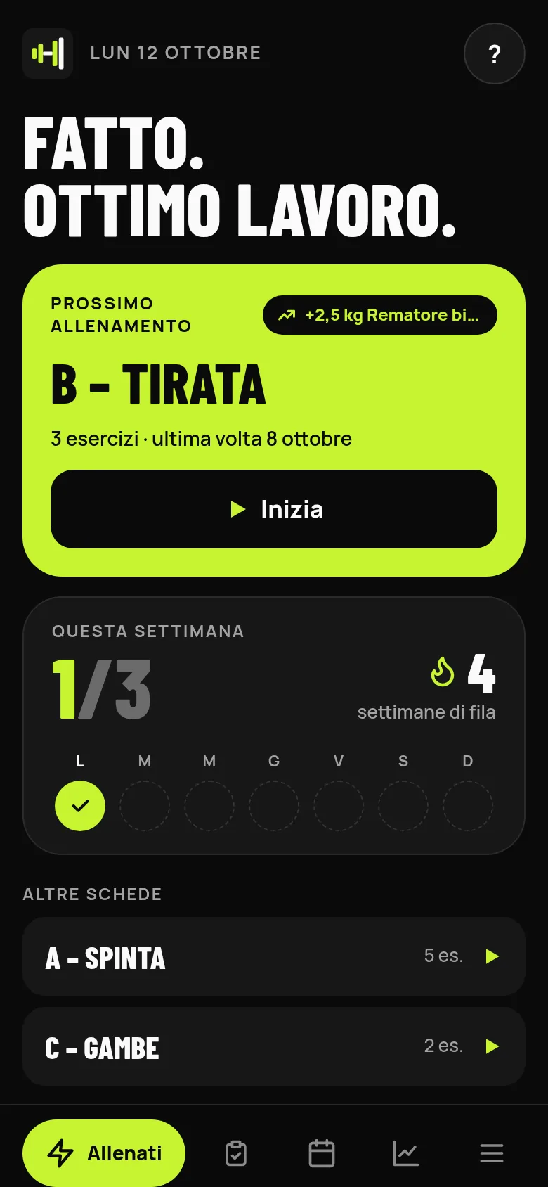 Home dopo l'allenamento: il prossimo allenamento proposto, con il suggerimento di aumentare il carico, e la settimana in corso